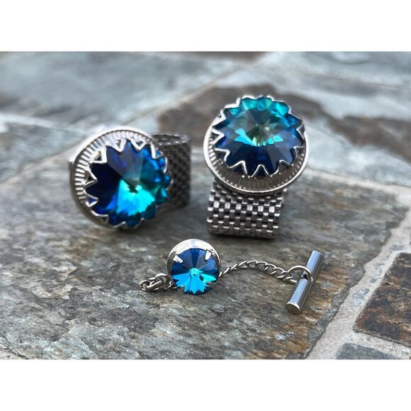 Vtg 1980's 3 Piece Silver Plated Desante Mesh Prong Set Blue Crystal Cufflinks - Picture 2 of 4